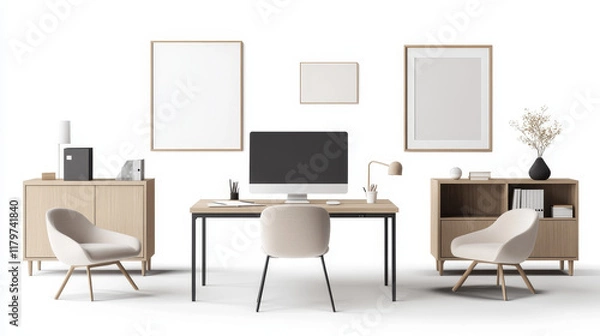 Fototapeta Desk, monitor, chairs and blank picture frame isolated on transparent background. Vector realistic set of modern furniture, table, chair and computer screen for workplace in office or home