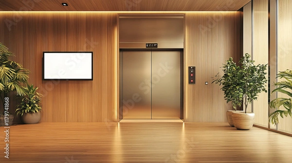 Fototapeta Realistic elevator with open door and TV screen on wall in office or modern hotel hallway, empty lobby interior with lift, wooden floor and blank display, indoor transportation 3d vector illustration