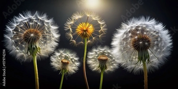 Fototapeta Low Light Dandelion Life Cycle: From Seed to Bloom -  Stunning Nature Photography