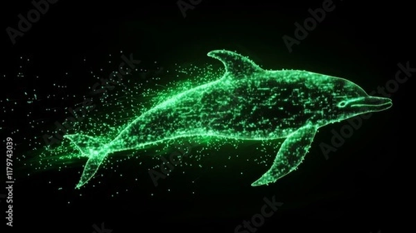 Fototapeta Glitchy Neon Dolphin Silhouette in High-Tech Digital Stream on Dark Background