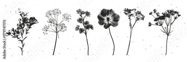 Fototapeta Set dried flowers retro photocopy style. The effect of grain and dotted lines. Vector.