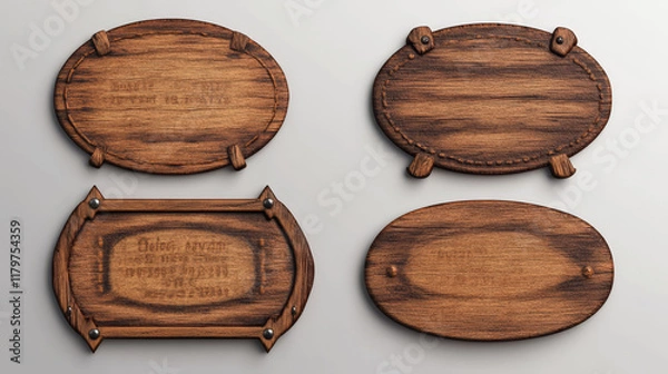 Fototapeta Wood texture sign board vector realistic banner set. Isolated rustic farm or saloon frame design. Empty signboard plaque template with nail, collection for menu or message. Brown oval signage