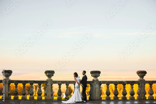 Fototapeta Yellow fields spread behind a wedding couple posing on the balco