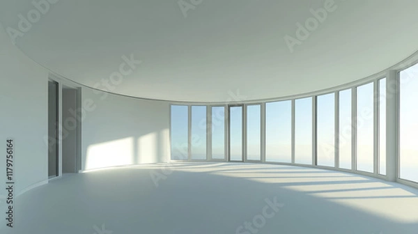 Fototapeta Empty round room, office with large windows, white ceiling and floor. Internal interior structure of modern city architecture, inner design project visualization, Realistic 3d vector illustration