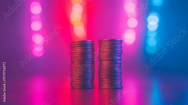 Obraz Abstract Background Image Stacks of Coins Neon Lights