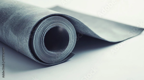 Fototapeta a roll of gray waterproof fabric for roof sealing, half deployed, roofing materials, on a white background, isolate