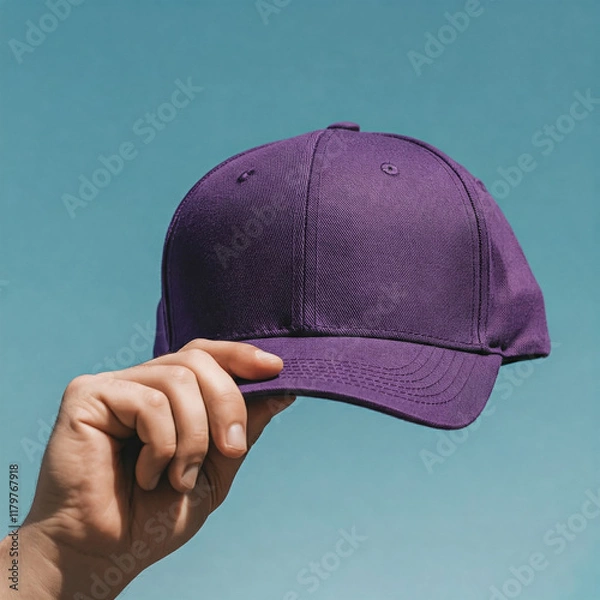 Obraz Mockup of man hand holding bright purple color plain baseball cap against sky background