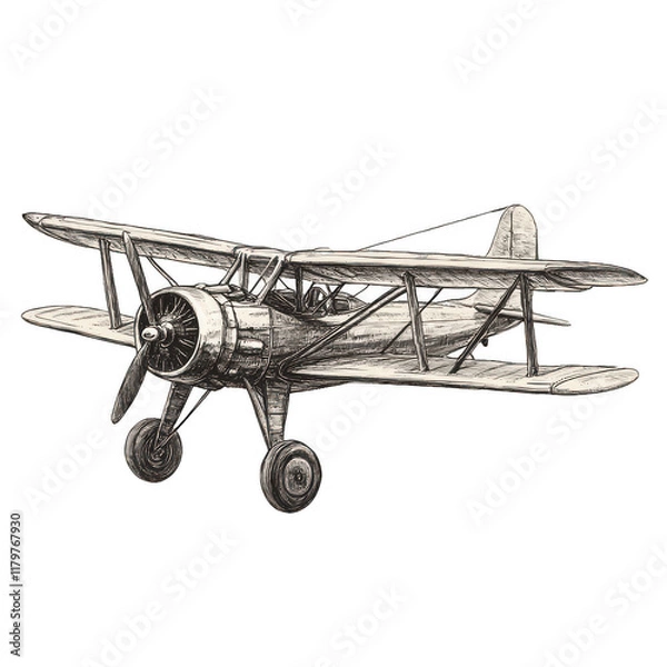 Fototapeta Vintage Airplane Sketch Engraving: A detailed engraving-style sketch of a vintage airplane, showcasing intricate design and historic charm. Transparent background.