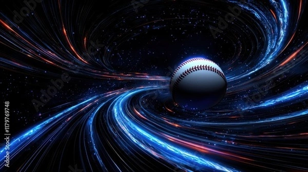 Fototapeta Baseball surrounded by dynamic energy swirl, blending sports with cosmic elements for a unique abstract concept.