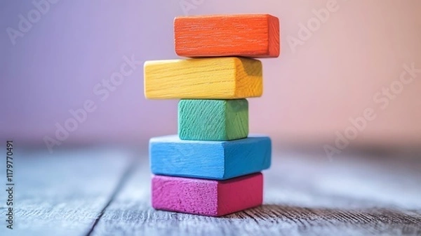 Fototapeta Pastel-colored wooden blocks arranged in a balanced tower formation