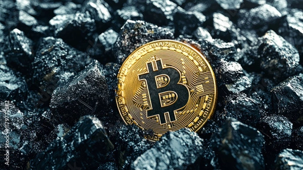 Fototapeta Bitcoin Mining: A Golden Coin Amidst Coal. Cryptocurrency, Blockchain Technology, and Digital Finance
