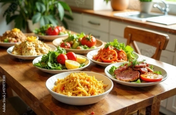 Fototapeta A wooden table with delicious food and drinks, inviting atmosphere