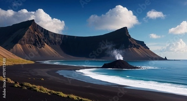 Fototapeta A remote volcanic island with black sand beaches and rugged cliffs