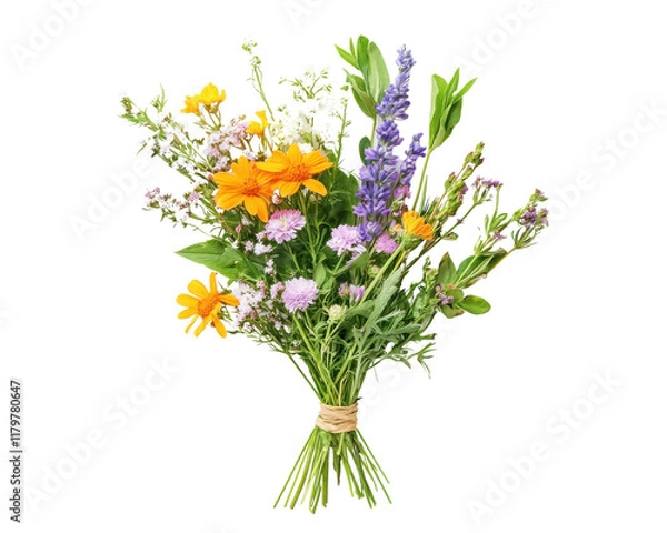 Obraz Bright bouquet of wildflowers on a white isolated background.