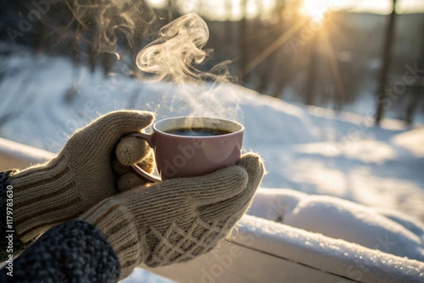 Fototapeta Hands wrapped around a steaming mug of coffee or tea