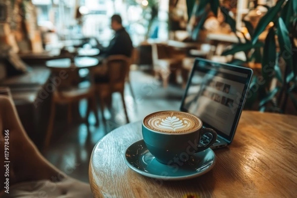 Obraz Cozy coffee shop setting with latte art and laptop on a wooden table in the morning