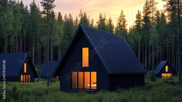 Fototapeta Charming Black Cabins Nestled in Lush Green Forest Surrounded by Tall Trees Creating a Peaceful Rustic Retreat Atmosphere