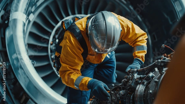 Fototapeta Maintenance engineer working on aircraft engine, focused and skilled