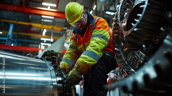 Fototapeta maintenance engineer works on large engine in factory, wearing safety gear