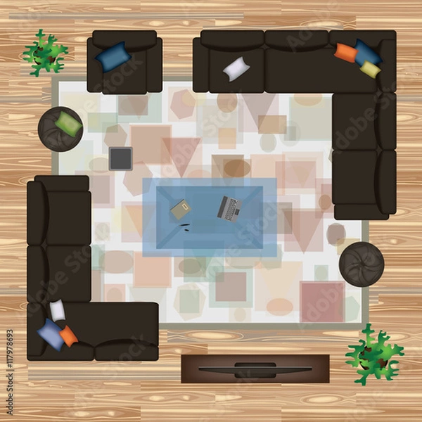 Fototapeta Sofa, Armchair, Pillows, Carpet, Coffee Table, Pouf, Plants Vector Illustration.Furniture Set for Interior Design. Scene Creator. Top View. Architectural Floor Plan. Dark Sofas on Wood Parquet