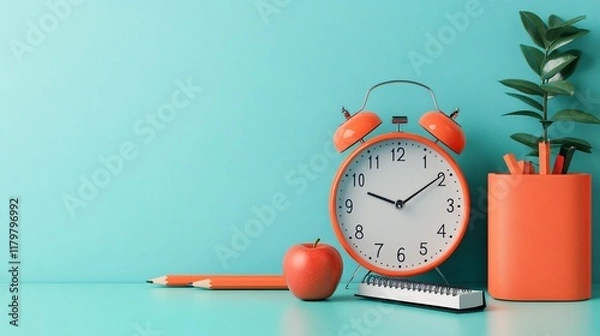 Fototapeta Stylish workspace setup with orange clock, apple, and green plant on teal background