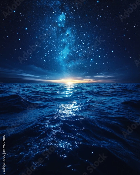 Obraz Celestial Sea at Night: A breathtaking view of the Milky Way galaxy reflecting on a dark, deep ocean at night.  The scene evokes a sense of wonder and tranquility. 
