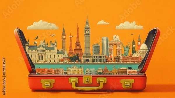 Fototapeta Open suitcase overflowing with iconic landmarks from around the world.  A vibrant collage of travel dreams.