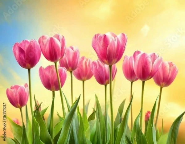 Fototapeta tulips on a warm abstract yellow background