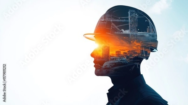Fototapeta Silhouette of a person wearing a hard hat, superimposed with a cityscape at sunset, symbolizing construction and urban planning.