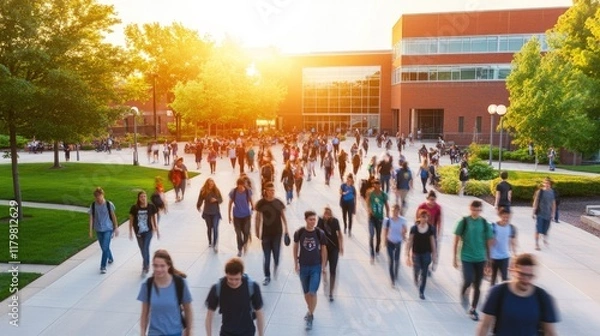 Obraz Students walking on a sunny college campus.