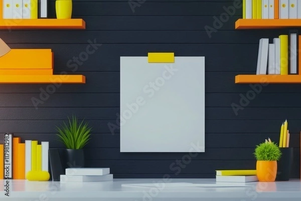 Fototapeta Modern Office Workspace Mockup - Clean workspace, blank poster, orange shelves, plants, books; symbolizes productivity, organization, creativity, minimalism, design.
