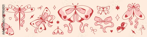 Fototapeta Coquettish set of butterflies, moths, and bows in soft pink hues. Romantic feminine collection. Wide border with insects, aesthetic girly bows and elegant charming ribbons