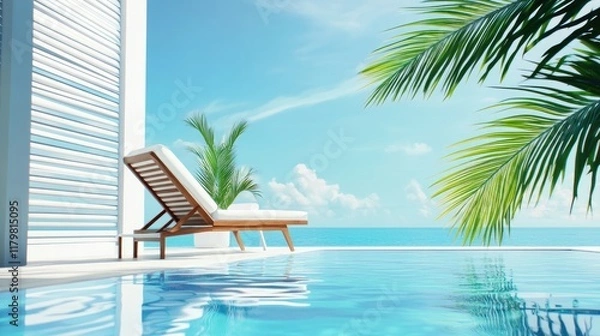 Fototapeta Tranquil poolside lounge chair with ocean view, palm trees, and modern architecture.