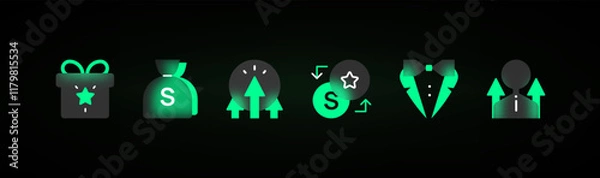 Fototapeta Realistic glassmorphism green UI icons set. 