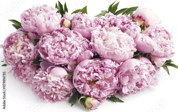 Fototapeta A sweet heart-shaped bouquet with pink peonies and roses on a clean white background for valentines day
