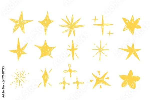 Obraz Crayon grunge star, sparkle shine light doodle crayon, pencil texture vector set silhouette in different shapes