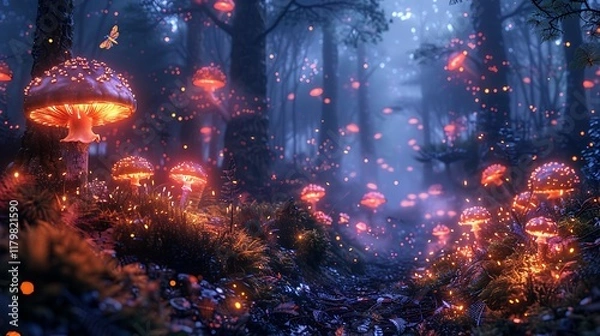 Fototapeta Enchanting Glowing Mushrooms Illuminate A Mystical Forest Path