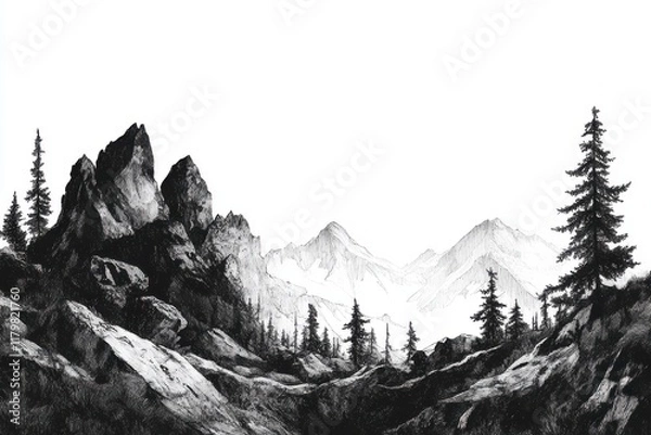 Fototapeta Mountain with Pine Trees and Landscape Black on White Background: A black-and-white sketch of a mountain landscape with pine trees.