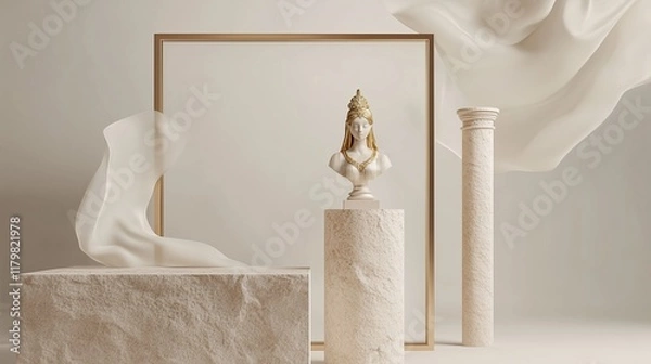 Obraz beige stone pillar with metallic gold accents for product stand, 3d rendering of a cosmetic display on an ancient podium with flying cloth

