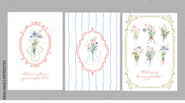 Fototapeta Collection of vintage-inspired floral compositions with oval frames and delicate backgrounds. Designed for elegant projects and artistic prints