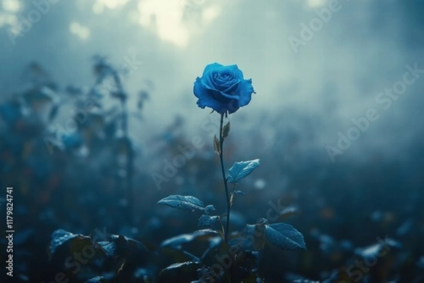 Fototapeta Mysterious Blue Rose in Foggy Forest with Soft Light and Shadows
