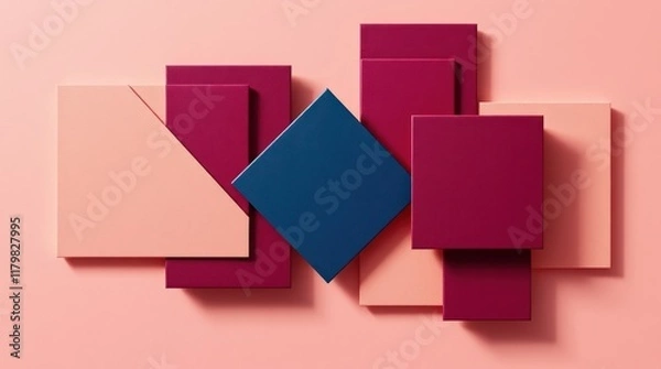 Fototapeta Colorful geometric shapes arranged creatively on a vibrant pink background showcasing modern design aesthetics