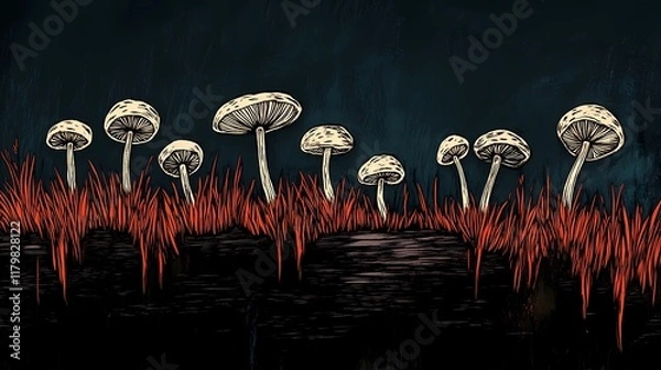 Fototapeta Wild mushrooms creating a peaceful and atmospheric background with soft natural textures, perfect for a serene theme, book illustration style