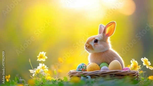 Fototapeta Cute Easter Bunny with Colorful Eggs in Spring Meadow