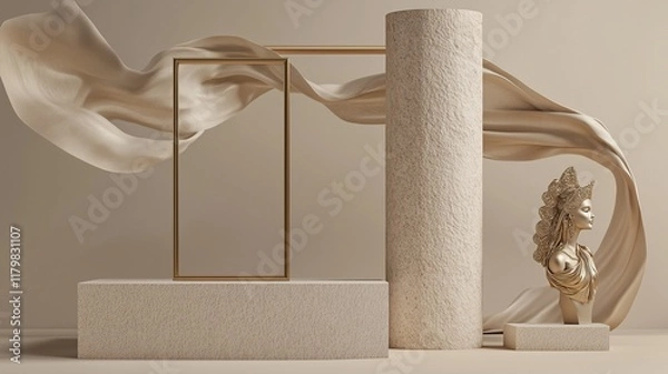 Obraz beige stone pillar with metallic gold accents for product stand, 3d rendering of a cosmetic display on an ancient podium with flying cloth

