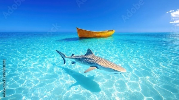 Fototapeta Tiger Shark Swimming in Crystal Clear Ocean Water near Wooden Boat
