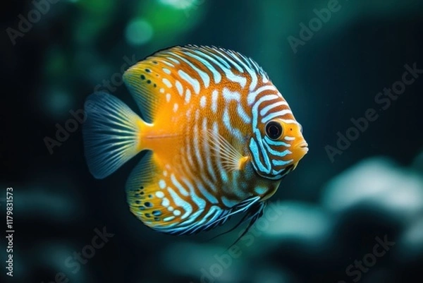 Fototapeta Vibrant Discus Fish with Striking Patterns Swimming in Aquarium