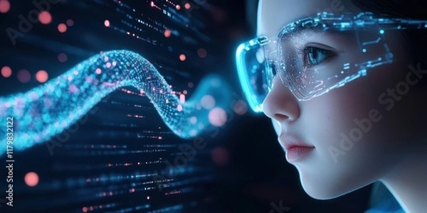 Fototapeta Futuristic Girl Exploring Digital Data Stream with Glasses