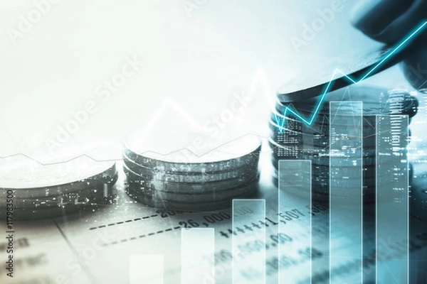 Fototapeta Double exposure of graph and rows of coins for finance and banking concept

