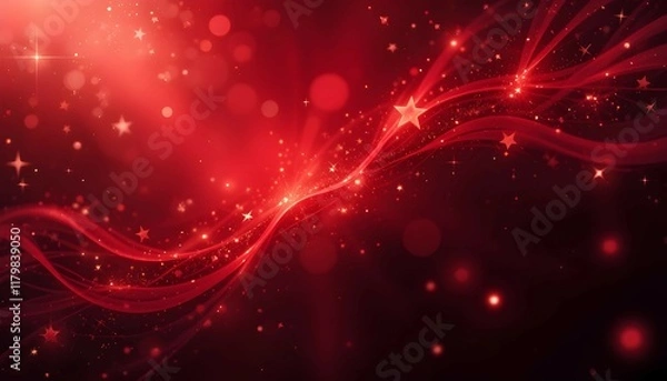Fototapeta Elegant Red Sparkling Background with Glowing Stars and Wave-Like Light Effects - Festive and Vibrant